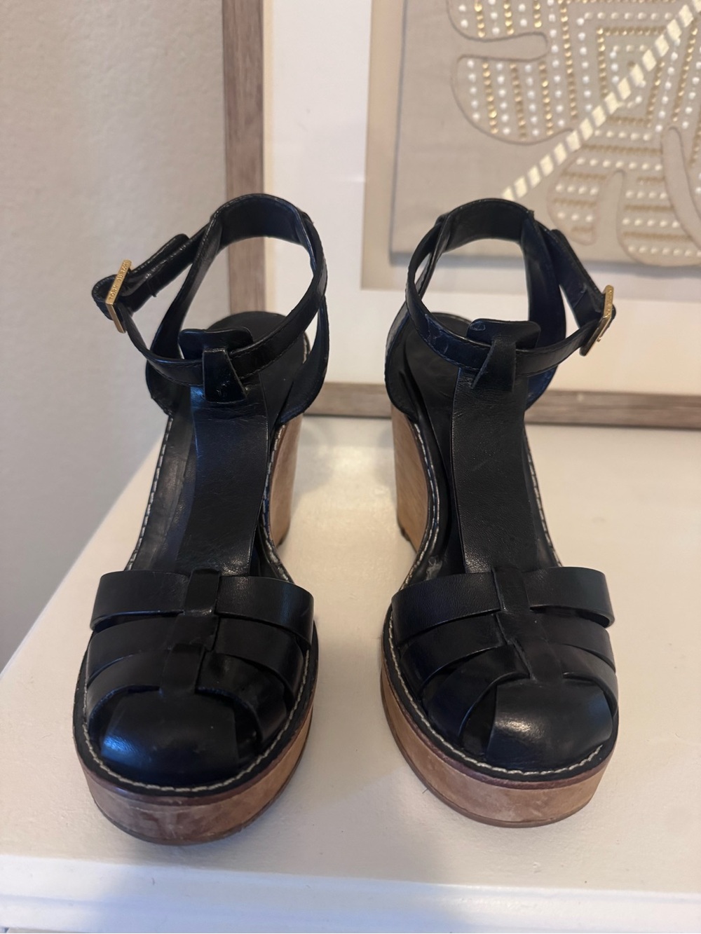 Tory Burch dark blue Leather wood Platform Sandals with Ankle Strap